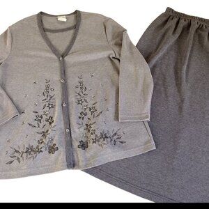 VTG 80s LINKS M Floral Top Skirt 2pc Set‎ Gray Embroidered Cottagecore USA 90s